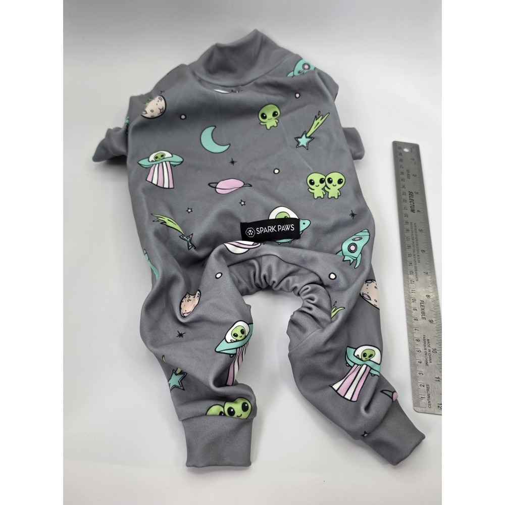 Spark Paws Stretchy Soft Dog Pajamas Grey w Aliens & Spaceships Size L NWOT